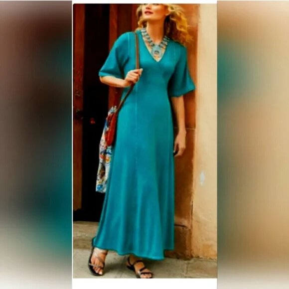 Soft Surroundings Gatsby Teal V-Neck Maxi Dress Lagenlook Artsy - Size Medium - Picture 2 of 9